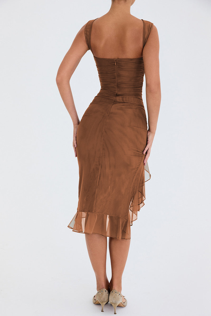 Brianna Elegante Ruches Midi Jurk